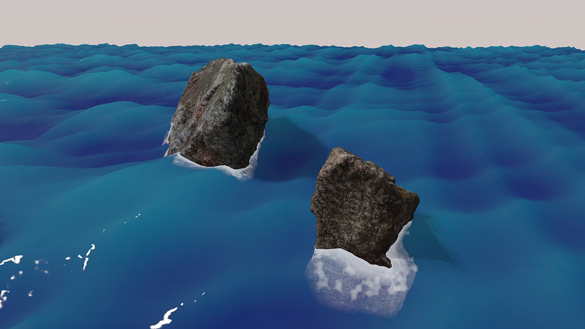 A screenshot of the peony game engine showing rocks and waves
